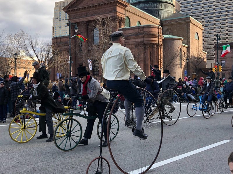 Bicyclists show off their old-fashioned rides