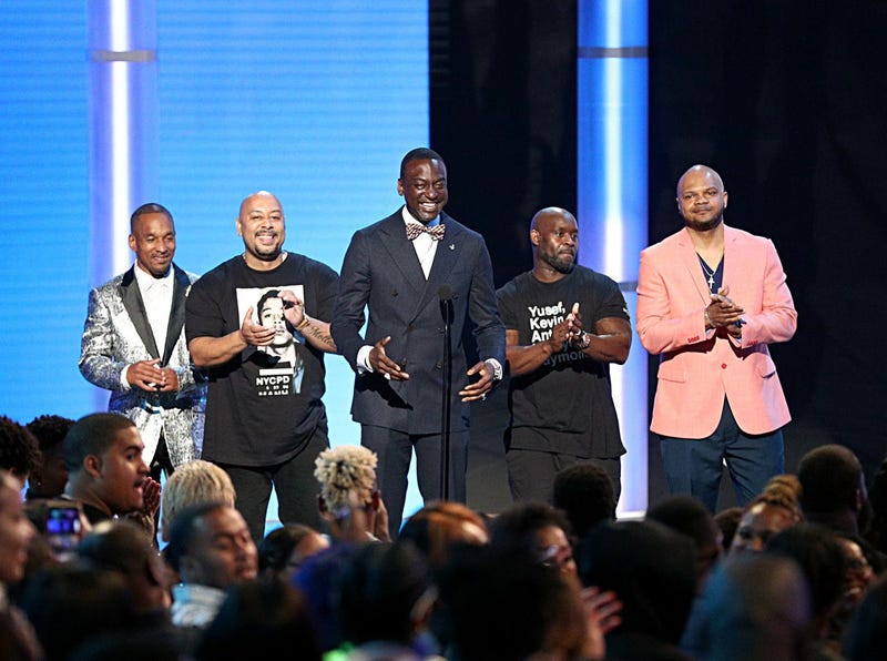 LOS ANGELES, CALIFORNIA - JUNE 23: (L-R) Korey Wise, Raymond Santana Jr., Yusef Salaam, Antron McCray, and Kevin Richardson aka the 'Central Park Five,' speak onstage at the 2019 BET Awards at Microsoft Theater on June 23, 2019 in Los Angeles, California.