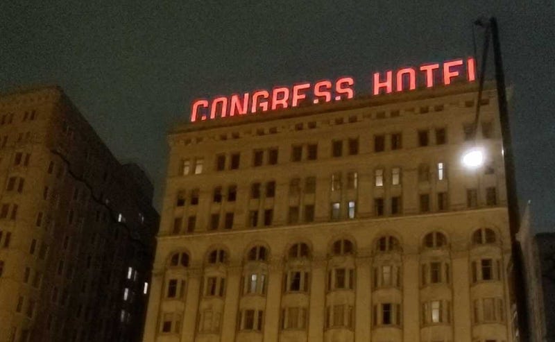The Congress Hotel at night in Chicago
