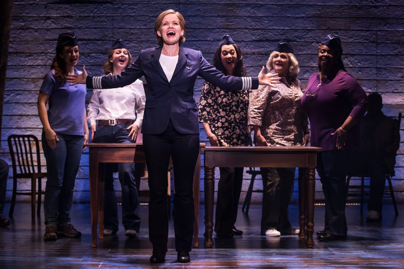 The cast of the national tour of "Come From Away," including Becky Gulsvig, who plays pilot Beverley Bass.