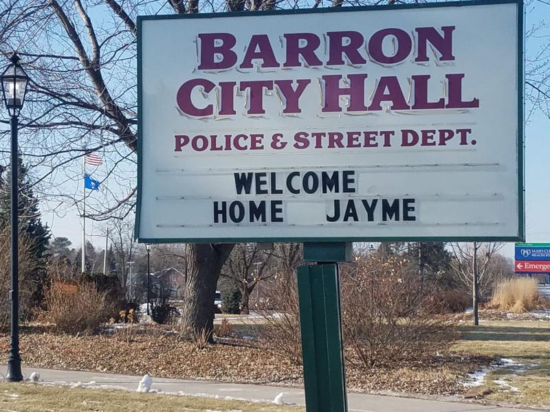 Welcome home Jayme sign in Barron
