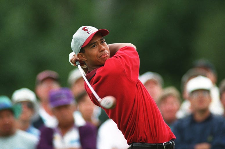 Tiger Woods practices at the range for the PGA Championship on May 14, 2019, at Bethpage Black.