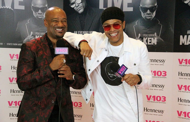 Maxwell and Big Tigger backstage at V-103 LIVE on Saturday, March 30, 2019, at State Farm Arena in Atlanta