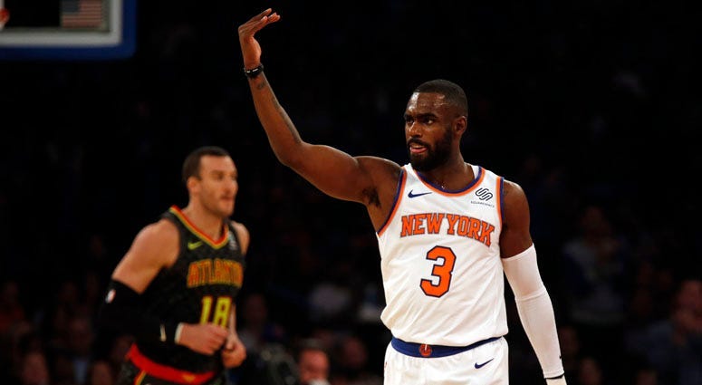 Knicks guard Tim Hardaway Jr. reacts against the Atlanta Hawks on Oct. 17, 2018,  at Madison Square Garden.
