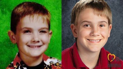 Timmothy Pitzen was 6 years old when he disappeared in 2011. An age-progressed image from the National Center for Missing and Exploited Children, released in 2018, shows how he would look at age 13.