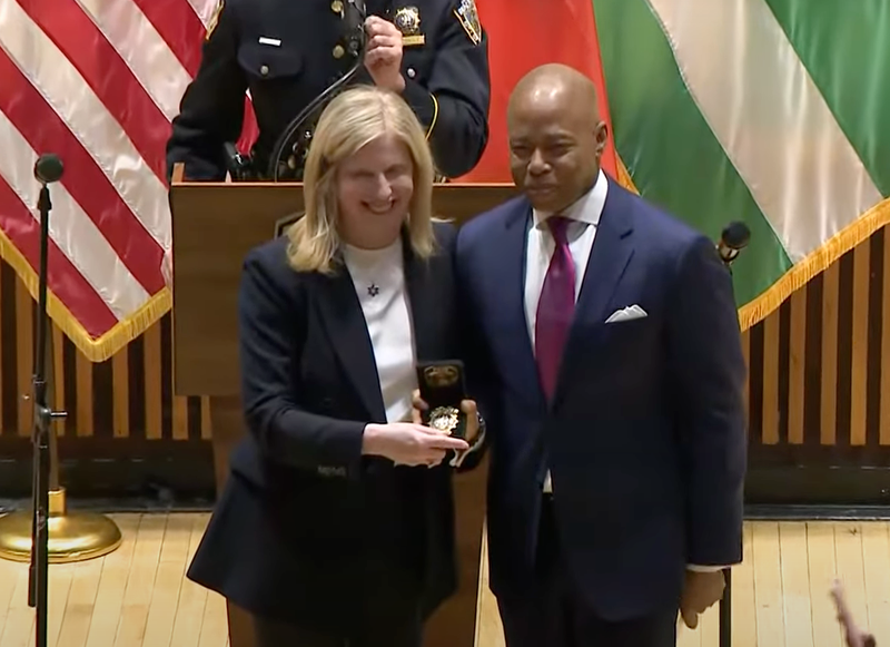 Jessica Tisch poses with Mayor Eric Adams as she is sworn in as the next Commissioner of the New York Police Department (NYPD) at One Police Plaza on November 25, 2024