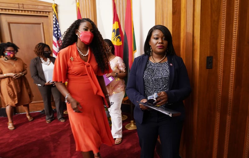 Tishaura Jones leaves a press conference. 