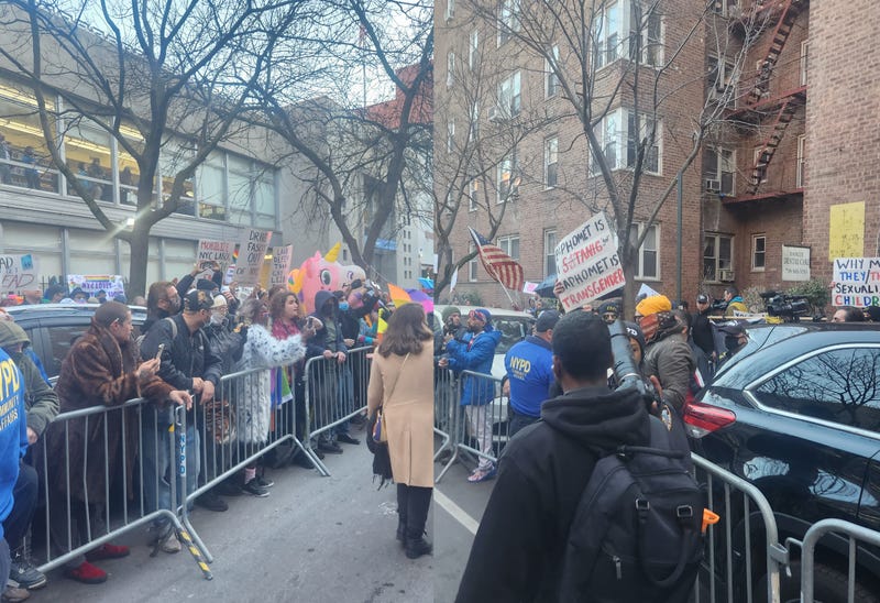 (Left) Drag Story Hour supporters positioned in front of the library. (Right) Anti-LGBTQ protesters on the opposite side of the street.
