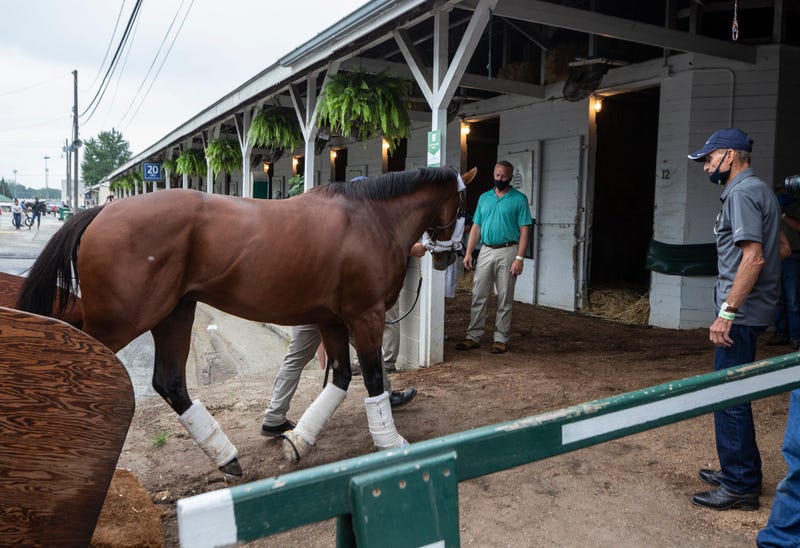 Kentucky Derby favorite Tiz the Law is lead to his stall after arriving at Churchill Downs from New York.
