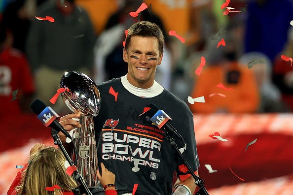 Tom Brady celebrates winning the Super Bowl with the Bucs