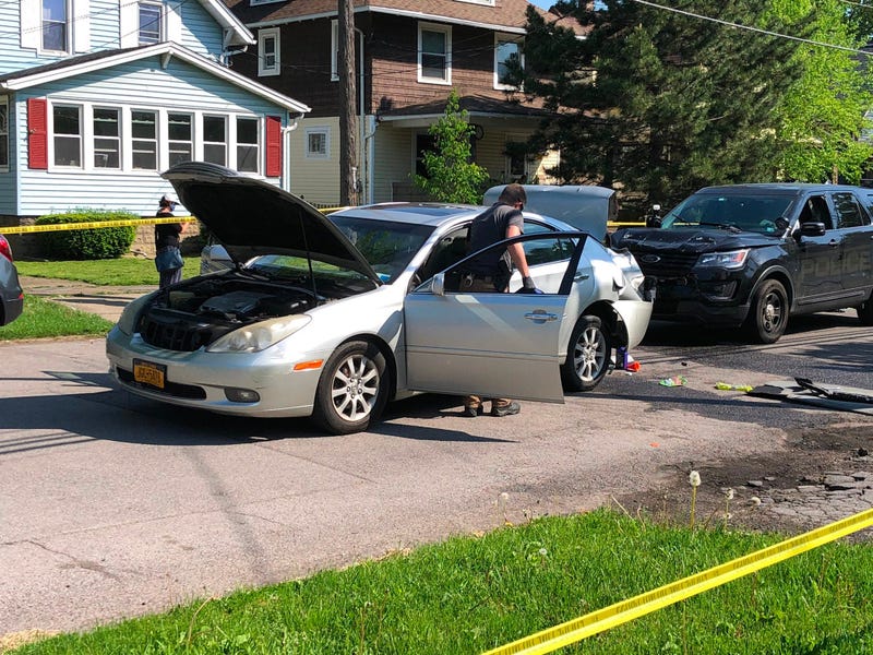The aftermath of a silver car rammed by a City of Tonawanda police cruiser on Morgan Street. May 26, 2020 (WBEN Photo/Mike Baggerman)
