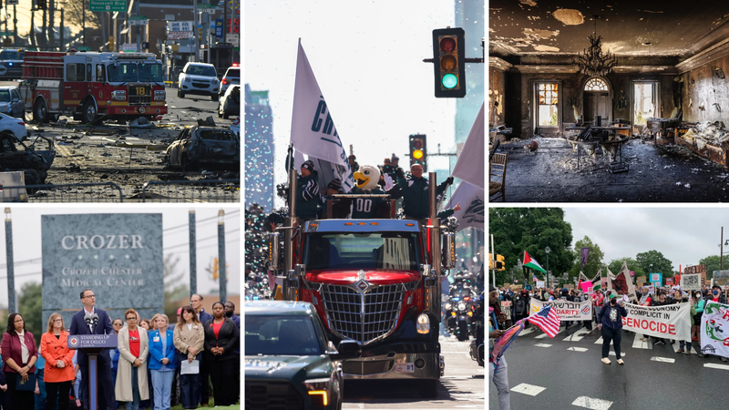 Top left: aftermath of the plane crash in Northeast Philadelphia; Bottom left: Gov. Shapiro speaks about Crozer closure; Middle: Eagles Super Bowl Parade; Top right: Arson attack at Shapiro's mansion; Bottom right: No Kings Protest in Philly