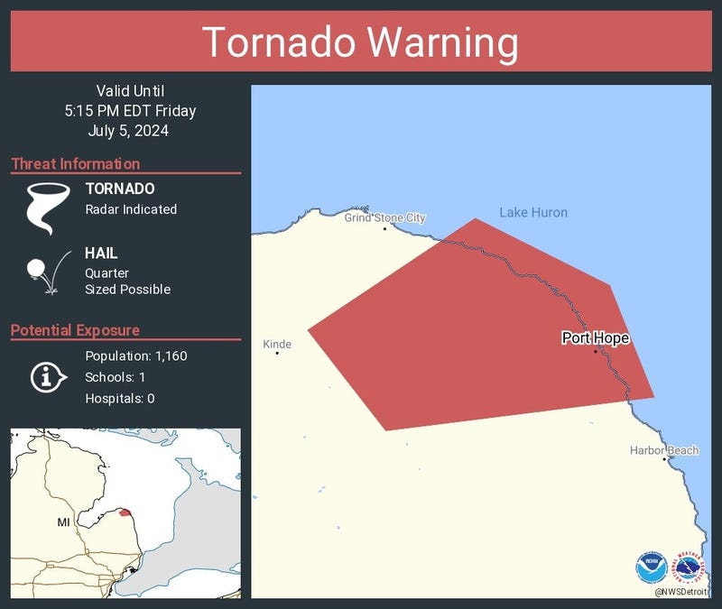map shows tornado warning in Huron County Michigan