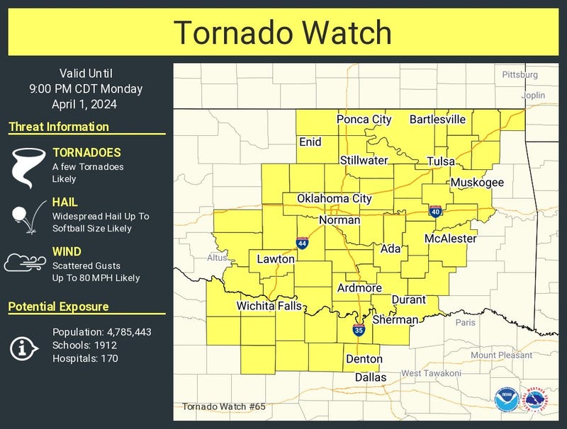 Tornado Watch issued for parts of North Texas until 9 p.m. Monday.