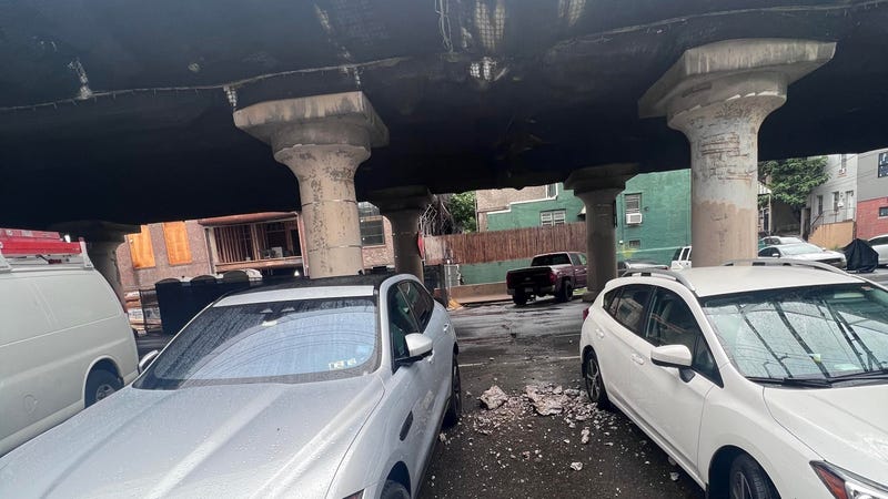 Concrete which fell between cars by the CSX railroad bridge over 25th Street in South Philadelphia.