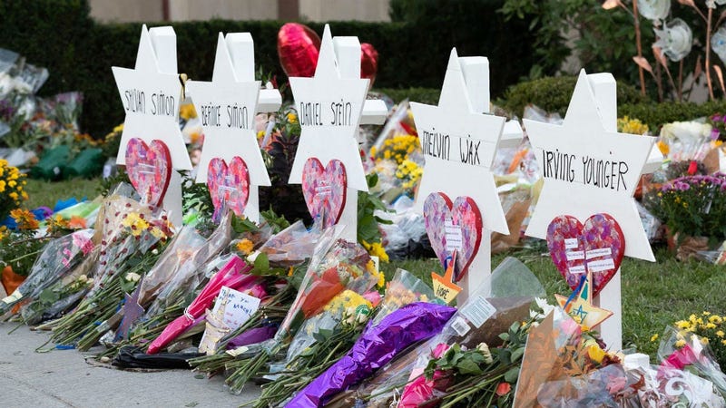 A memorial outside the Tree of Life Congregation Synagogue in Pittsburgh is seen during the visit of President Donald J. Trump and First Lady Melania Trump Tuesday, Oct. 30, 2018.