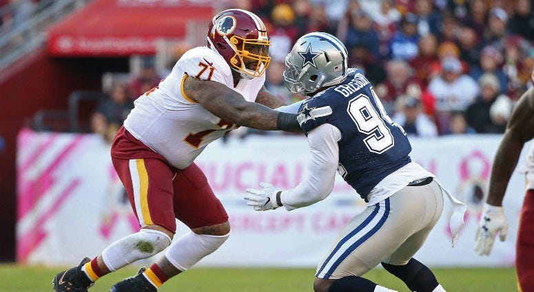 Trent Williams blocks against the Dallas Cowboys.