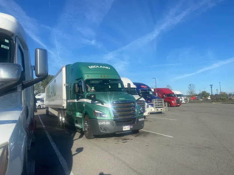 Trucks line up, waiting to cross the border