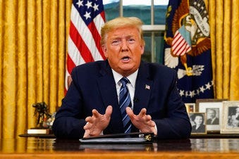 President Donald Trump speaks in an address to the nation from the Oval Office at the White House about the coronavirus Wednesday, March, 11, 2020, in Washington. (Doug Mills/The New York Times via AP, Pool)