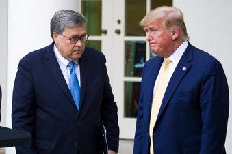FILE - In this July 11, 2019, file photo, Attorney General William Barr, left, and President Donald Trump turn to leave after speaking in the Rose Garden of the White House, in Washington. (AP Photo/Alex Brandon, File)