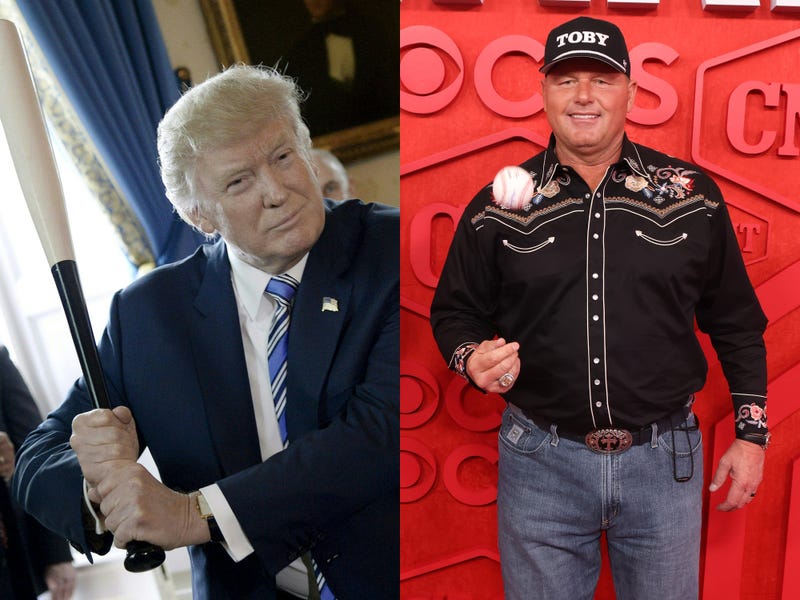 Donald Trump in 2017 and Rogers Clemens at the 2024 CMT Music Awards at Moody Center in Austin, Texas.