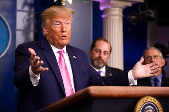 President Donald Trump, and other members of the president's coronavirus task force, speaks during a news conference at the Brady press briefing room of the White House. (AP Photo/Manuel Balce Ceneta)