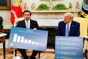 President Donald Trump listens during a meeting with Gov. Ron DeSantis, R-Fla., in the Oval Office of the White House, Tuesday, April 28, 2020, in Washington. (AP Photo/Evan Vucci)