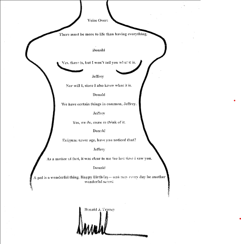 A message that a birthday book assembled for Jeffrey Epstein claims is from President Donald Trump. 