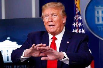 President Donald Trump speaks about the coronavirus in the James Brady Press Briefing Room of the White House, Monday, April 20, 2020, in Washington. (AP Photo/Alex Brandon)