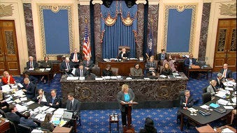 In this image from video, House impeachment manager Rep. Zoe Lofgren, D-Calif., speaks during the impeachment trial against President Donald Trump in the Senate at the U.S. Capitol in Washington, Thursday, Jan. 23, 2020. (Senate Television via AP)