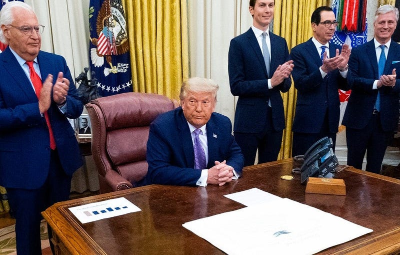 U.S. President Donald Trump leads a meeting with leaders of Israel and UAE announcing a peace agreement to establish diplomatic ties with Israel and the UAE, in the Oval Office of the White House on August 13, 2020 in Washington, DC.