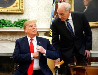 FILE - In this June 27, 2018 file photo, White House Chief of Staff John Kelly, right, leans in to talk with President Donald Trump during Trump's meeting with Portuguese President Marcelo Rebelo de Sousa. (AP Photo/Pablo Martinez Monsivais)