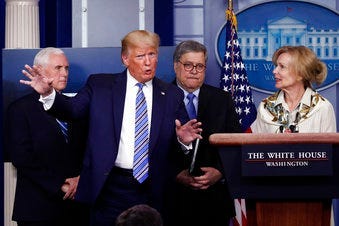 President Trump gestures as he asks a question to Dr. Deborah Birx, White House coronavirus response coordinator, during a briefing about the coronavirus in the James Brady Briefing Room, Monday, March 23, 2020, in Washington. (AP Photo/Alex Brandon)