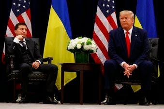 FILE - In this Sept. 25, 2019, file photo, President Donald Trump meets with Ukrainian President Volodymyr Zelenskiy at the InterContinental Barclay New York hotel during the United Nations General Assembly, in New York. (AP Photo/Evan Vucci, File)