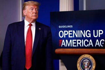 President Donald Trump listens during a briefing about the coronavirus in the James Brady Press Briefing Room of the White House, Thursday, April 16, 2020, in Washington. (AP Photo/Alex Brandon)
