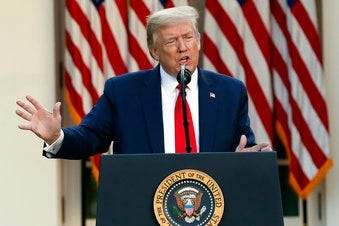 President Donald Trump speaks about the coronavirus in the Rose Garden of the White House, Monday, April 27, 2020, in Washington. (AP Photo/Alex Brandon)