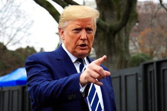 President Donald Trump speaks to the media as he leaves the White House, Tuesday, March 3, 2020, in Washington, to visit the National Institutes of Health's Vaccine Research Center in Bethesda, Md. (AP Photo/Manuel Balce Ceneta)