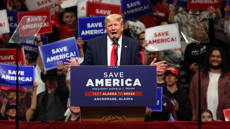 Former U.S. President Donald Trump speaks during a "Save America" rally at Alaska Airlines Center on July 09, 2022 in Anchorage, Alaska. 