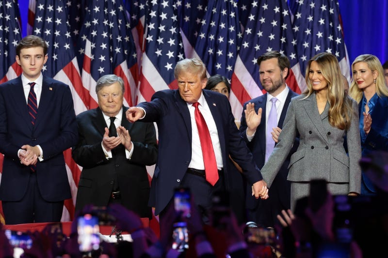 Republican presidential nominee, former U.S. President Donald Trump gestures on stage during an election night event at the Palm Beach Convention Center on November 06, 2024 in West Palm Beach, Florida. 