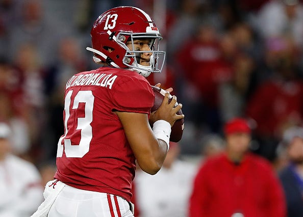 Tua Tagovailoa drops back for a pass with Alabama. 