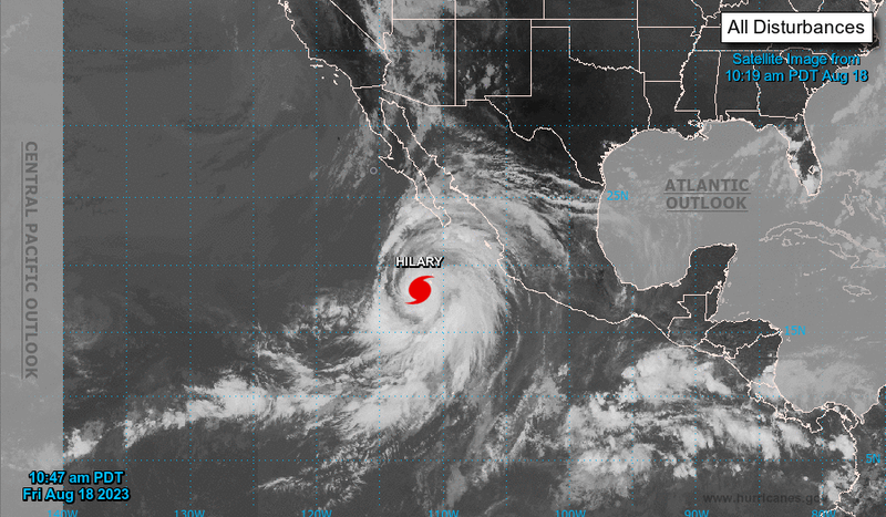 map of hurricane hilary swirling toward the coast of mexico