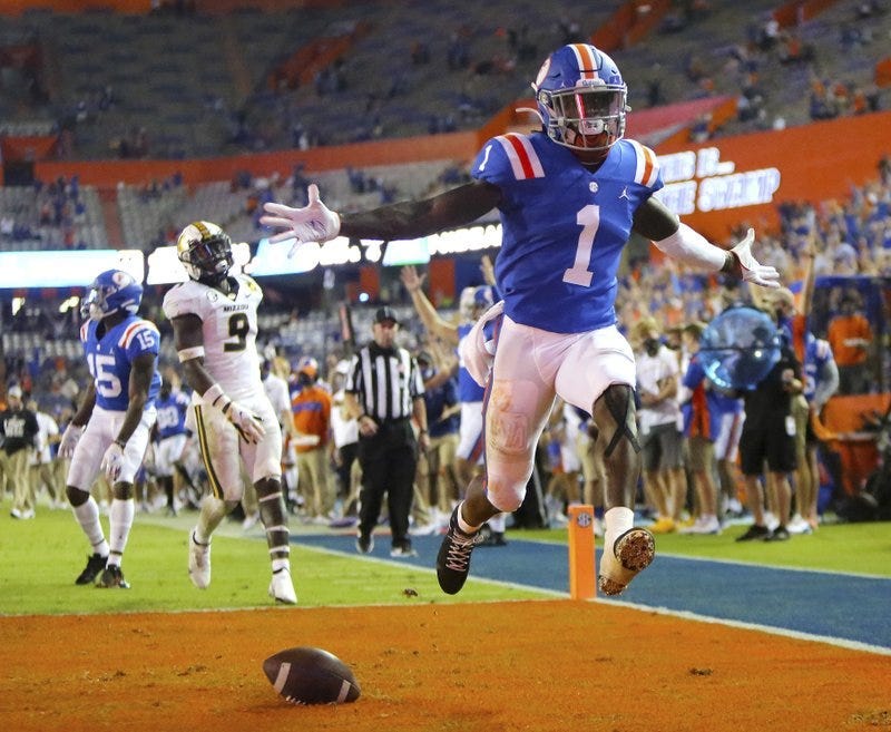 Florida receiver Kadarius Toney (1) celebrates a touchdown against Missouri during an NCAA college football game in Gainesville, Fla.