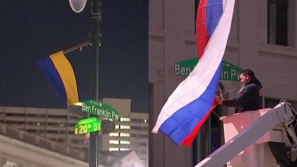 Russian flag returns along Ben Franklin Parkway, after replaced by Ukrainian one