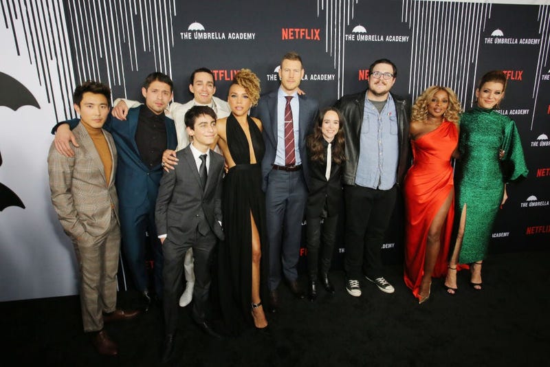 Justin Min, David Castañeda, Robert Sheehan, Aidan Gallagher, Emmy Raver-Lampman, Tom Hopper, Ellen Page, Cameron Britton, Mary J. Blige and Kate Walsh attend 'The Umbrella Academy' Premiere at Cinerama Dome on February 12, 2019 in Hollywood, California