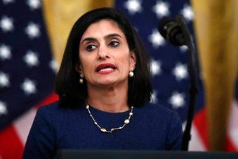 FILE - In this April 30, 2020 file photo Administrator of the Centers for Medicare and Medicaid Services Seema Verma speaks about protecting seniors, in the East Room of the White House in Washington. (AP Photo/Alex Brandon, file)