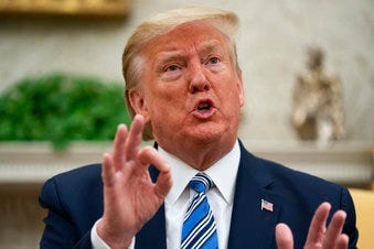 President Donald Trump speaks during a meeting with Gov. Ron DeSantis, R-Fla., on the coronavirus response, in the Oval Office of the White House, Tuesday, April 28, 2020, in Washington. (AP Photo/Evan Vucci)