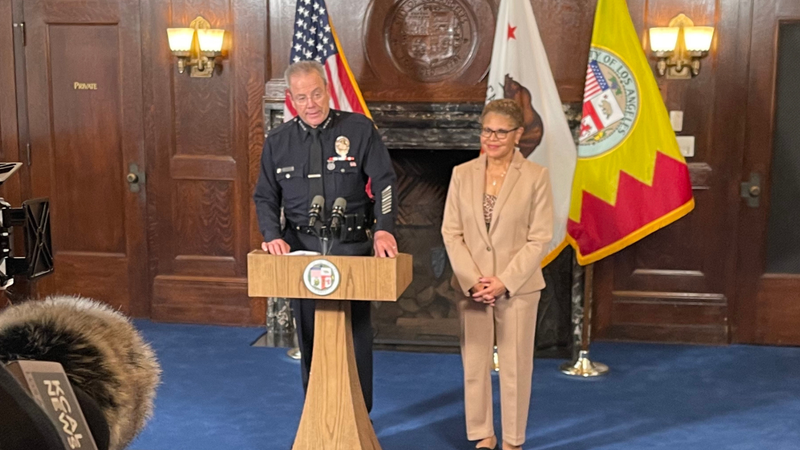 Michel Moore, Los Angeles Chief of Police and Mayor Karen Bass announce Moore's retirement.