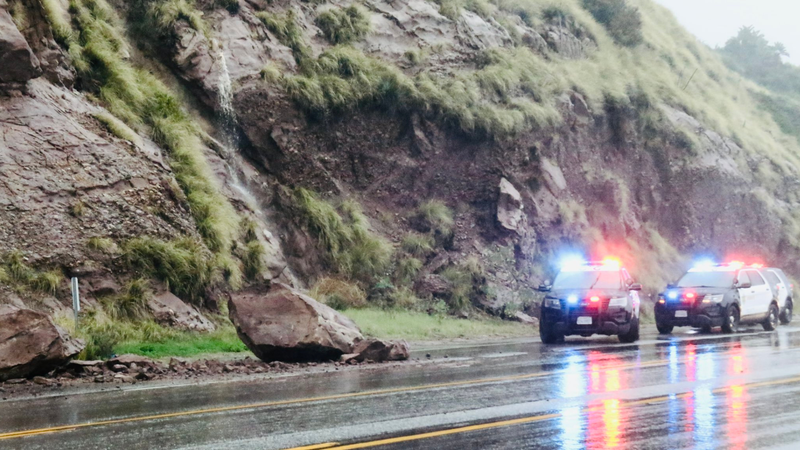 In 20800 block of PCH near Big Rock. 2 massive boulders in lane 2 plus other debris. LASD units blocking lanes