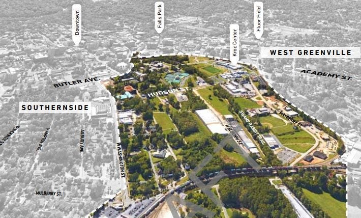 Unity Park, Planning Area. The Reedy River Redevelopment Area and City Park planning area