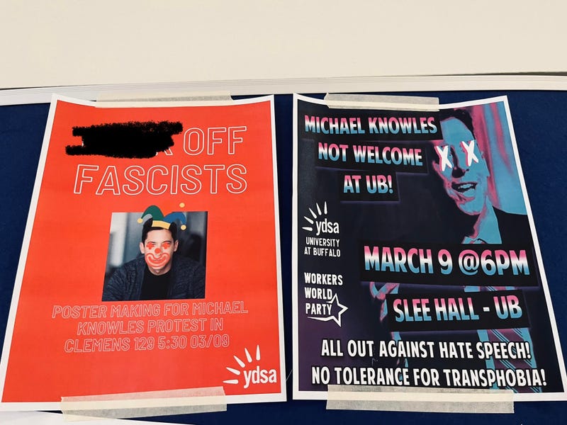 Posters all over bulletin boards of University at Buffalo campus. (03/08/2023).